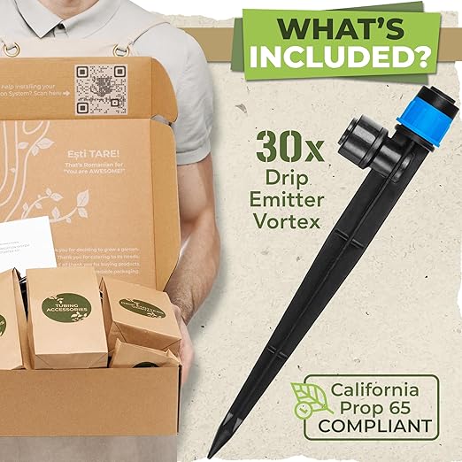 Carpathen 30pcs Drip Irrigation Emitters - 1/4" Drip Irrigation System Push-to-Connect - Adjustable 360 Degree Drip Emitters Vortex on 6" Sturdy Stake - Irrigation Drippers for Garden Watering System