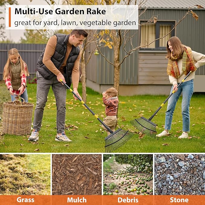 Garden Rake for Leaves, 25 Tines Leaf Rakes for Lawns Heavy Duty, 5 FT Gardening Rake with Back-Saving Long Handle, 18.5” Wide Large Rake Head for Quick Cleanup, Anti-Rust and Detachable for Camping