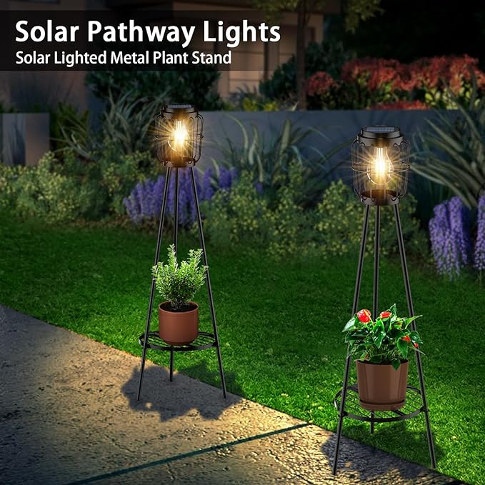 2 Pack Solar Lights Outdoor with Plant Stands, Solar Floor Lamp with LED Edison Bulbs for Garden Yard Pathway Driveway Front/Back Porch Decoration