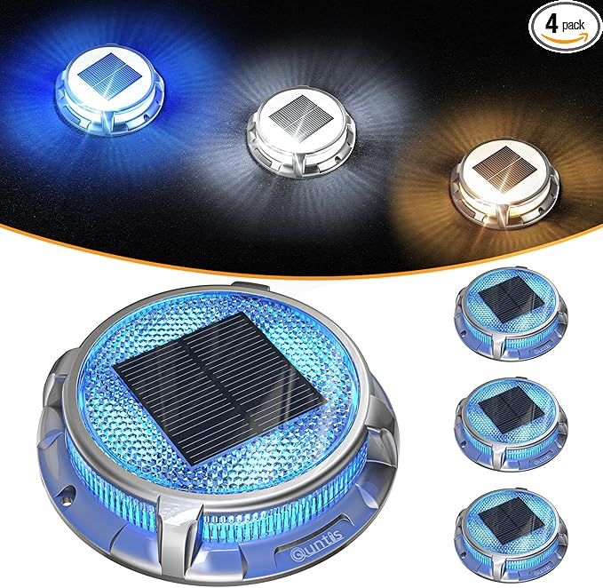 Quntis Solar Deck Lights for Outside, 3 Color Modes Deck Light Outdoor IP68 Waterproof, Solar Driveway Lights for Stair Pathway Walkway Road (Blue/Cool White/Warm White) 4 Pack