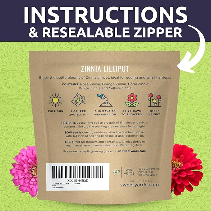 Zinnia Lilliput Mix - Large 1 Ounce Packet - 4,000 Flower Seeds for Planting - Zinnia elegans