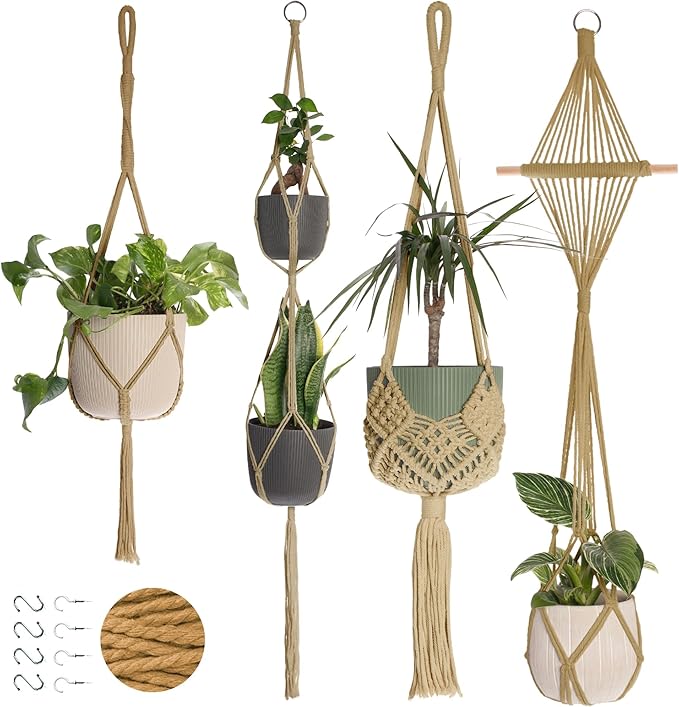 Nook Theory 4-Pack Macrame Plant Hanger - with 8 Ceiling Hooks - Hanging Planter Indoor Outdoor - Hanging Plant Holder - Decorative Bohemian Plant Hangers - Hanging Plants (Caramel)