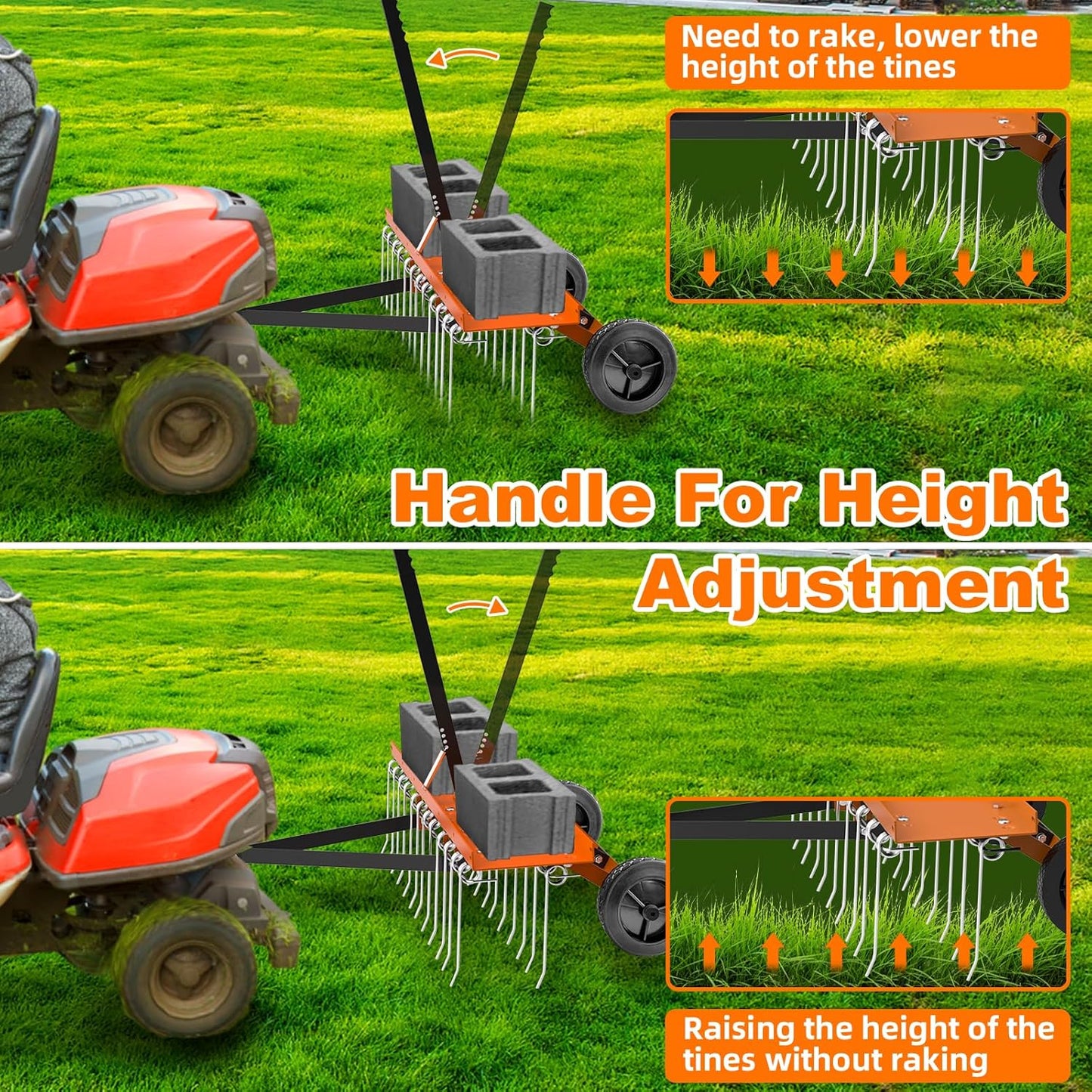 40inch Tow Behind Dethatcher with 20 Spring Steel Tines, Lawn Tractor Rakes with Lift Handle, Tow Behind Rake to Remove Thatch, Riding Lawn Mower Attachments for Outdoor Yard Tools Lawn Care