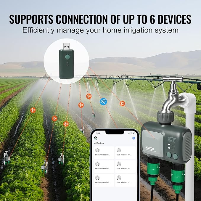 VEVOR Sprinkler Timer WiFi Water Timer, 2 Outlets, Smart Hose Faucet Water Timer with Brass Inlet, APP Remote Control via 2.4Ghz WiFi or Bluetooth, Voice Control, IPX6 for Garden, Yard Watering