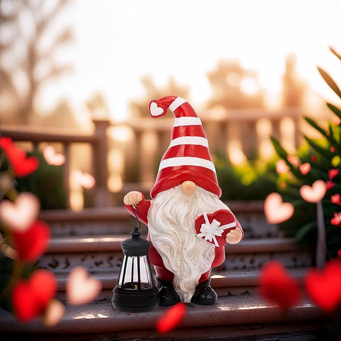 TERESA'S COLLECTIONS Christmas Valentine's Day Decorations for Outdoor Decor, Resin Garden Gnome Holding Gift & Lantern with Solar Lights Outdoor, Garden Decor for Outside Valentine Gifts, 7.87"