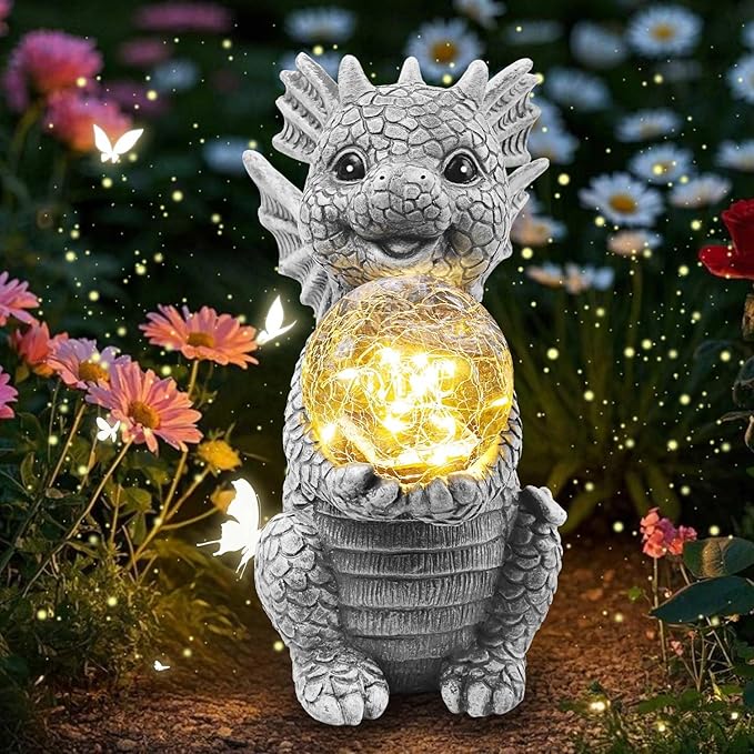 Solar Garden Outdoor Statues 7.2" Resin Dragon Statues Holding Magic Ball with Solar Lights,Lawn Decor for Patio, Balcony, Yard Ornament,Unique Gifts for Mom Grandma Housewarming