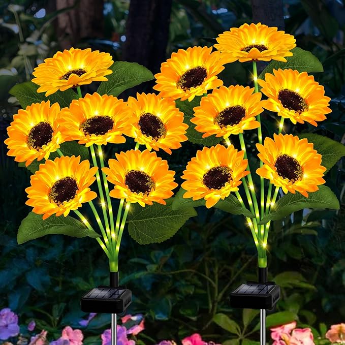 2 Pack with 12 Solar Sunflower Garden Lights Warm White LED Outdoor Decorative Stake Lights for Yard, Patio, Lawn, Pathway, IP65 Waterproof, Ideal Gift for Women, Mom, Grandma, Friends