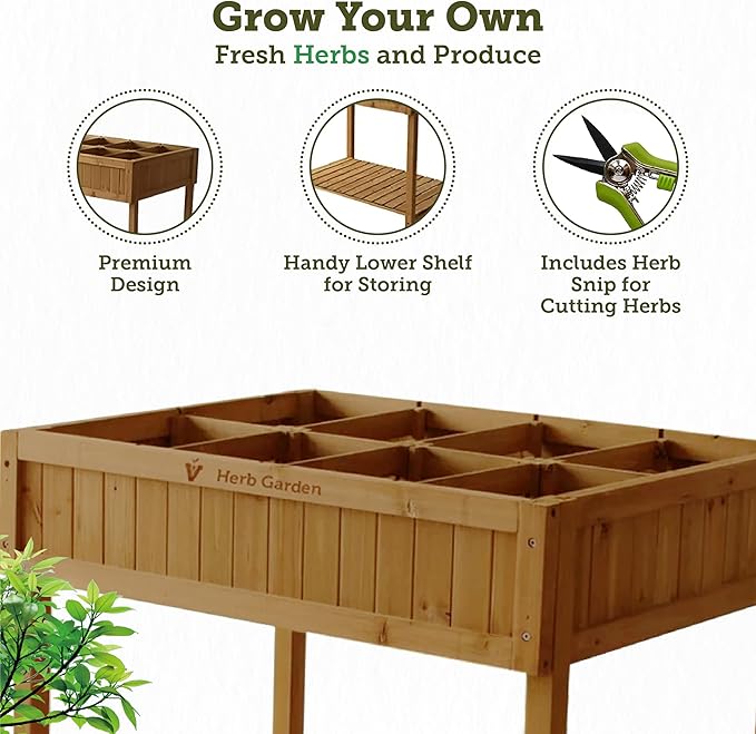 VegTrug 8 Pocket Herb Garden, Wooden Herb Planter with Herb Snips, Natural