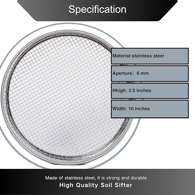 Garden Soil Sifter -10" Sifting Pan-Sieve for Sand Rocks Dirt Compost (1/4”Mesh Screen)