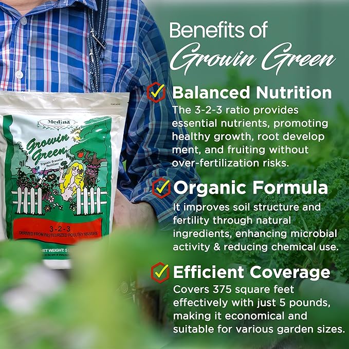 Medina Growin Green Organic Granular Fertilizer - 5 lb Bag - Nutrient Rich Soil Enhancer 3-2-3 Granules for Lush Gardens, Lawns, and Plants - Covers 375 Sq. Ft.