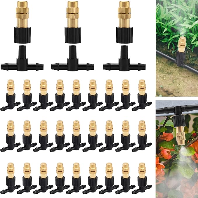 Mornajina 40Pcs Three-Way Atomizing Nozzle with Drip Irrigation Connector for 1/4 inch Drip Irrigation Tubing, Micro Spray Drip Irrigation Emitters, Adjustable Sprinkler Drip Irrigation Mister Kit
