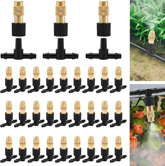 Mornajina 40Pcs Three-Way Atomizing Nozzle with Drip Irrigation Connector for 1/4 inch Drip Irrigation Tubing, Micro Spray Drip Irrigation Emitters, Adjustable Sprinkler Drip Irrigation Mister Kit