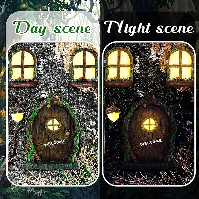 Resin Fairy Door & Window Set with Glow in The Dark Windows, Miniature Sculpture for Trees, Outdoor Decor Accessories