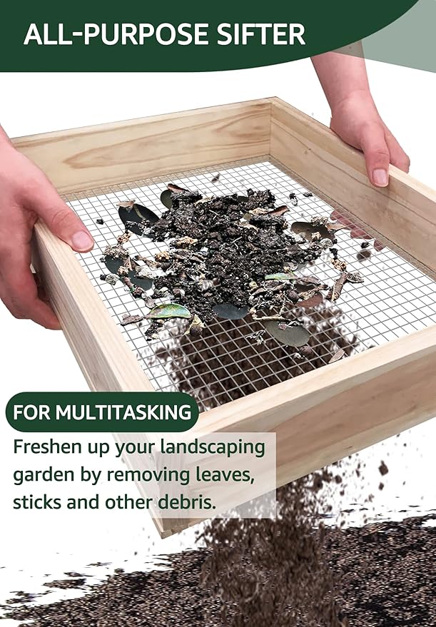 Soil Sifter,Dirt Sifter for Gardening Rock Sifter for Rocks Compost Sifter Wooden Sifting Screen,Garden Sieve for Pellet/Gravel/Soil/Leaves,Garden Tool 15.7" x11.8”x2.8” with 1/5” Mesh…