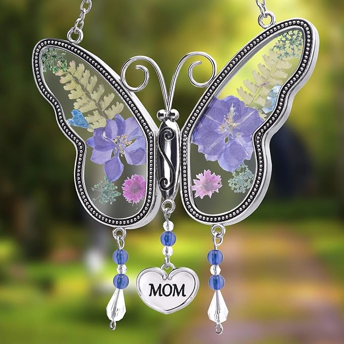 Laraine Butterfly Suncatcher with Pressed Flower Wings Mom Mother's Day Butterfly Glass Wind Chime Ornament Charm with Metal Heart Gifts for Mom Grandma Birthday (Purple Mom (with Free Hook))