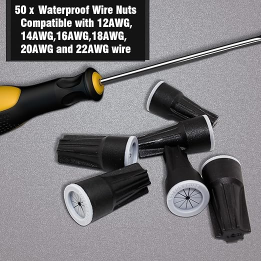 Litoexpe 50 Pieces Waterproof Wire Connectors, Medium Waterproof Wire Nuts Black Direct Burial Wire Nuts for Outdoor Landscape Lighting, Irrigation Valves, 1-3/8 x 11/16 Inch