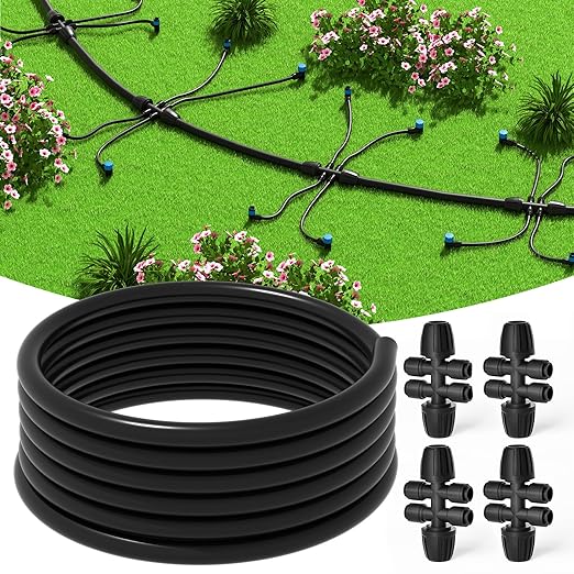 MIXC 50 FT 1/2 Inch Drip Irrigation Tubing Kit:Premium Garden and Landscape Watering System with 4 Quick Connector 4-Way Connector