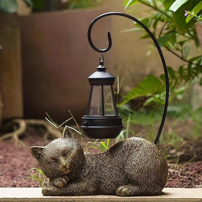 Cat Statue for Garden - 13' Sleeping Cat Figurines Solar Light Resin Garden Statues with Large Lantern Outdoor Waterproof Lawn Porch Ornament Decor, Gift for Mom