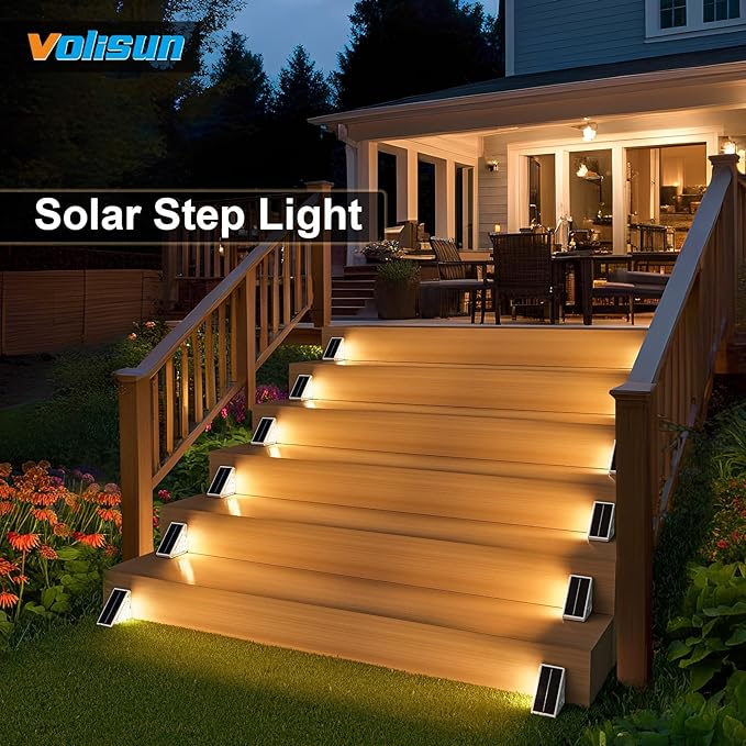 VOLISUN Solar Step Lights for Outside 8 Pack, Solar Stair Lights Outdoor Waterproof IP67, LED Outdoor Step Lights, Outdoor Stair Lights Decor for Deck, Front Step, Front Porch and Patio (Warm White)