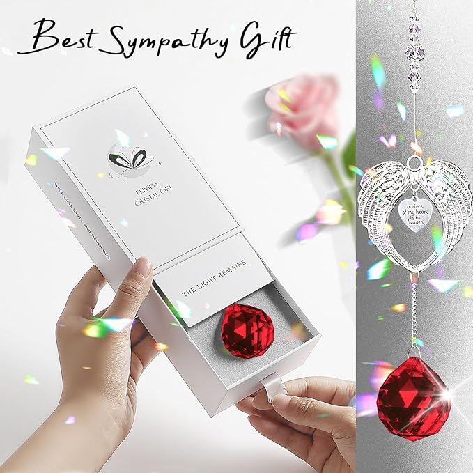 Sympathy Gift Modern Grief Gift for Lose of Loved Ones, Memorial Suncatcher with 40mm Crystal Ball, Sorry for Your Lose Rainbow Maker, Bereavement Gift Idea Angel Wings Design, Red