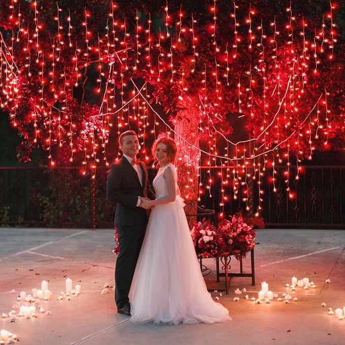 33ft Icicle Lights for Outside, Red Christmas Lights Outdoor Waterproof for House, 400 LED Twinkle Tree Lights with 75 Drops Clear Wire Short Curtain Lights for Room Home Wall Indoor Decorations