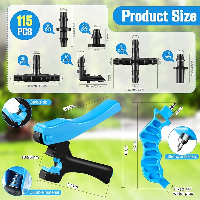 Feekoon Drip Irrigation Tubing Cutter Hole Punch Tools with 115 Irrigation Plugs, 2 in 1 Drip Irrigation Tubing Hole Punch for Easier 1/4" Inch Fitting 16 20 25 mm PE Pipe and Emitter irrigate