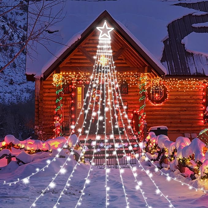 Christmas Decorations Star String Lights, 320 LED Waterfall Tree Lights with 13" Topper Star 8 Lighting Modes Indoor Outdoor Decorative for New Year, Holiday, Wedding, Party