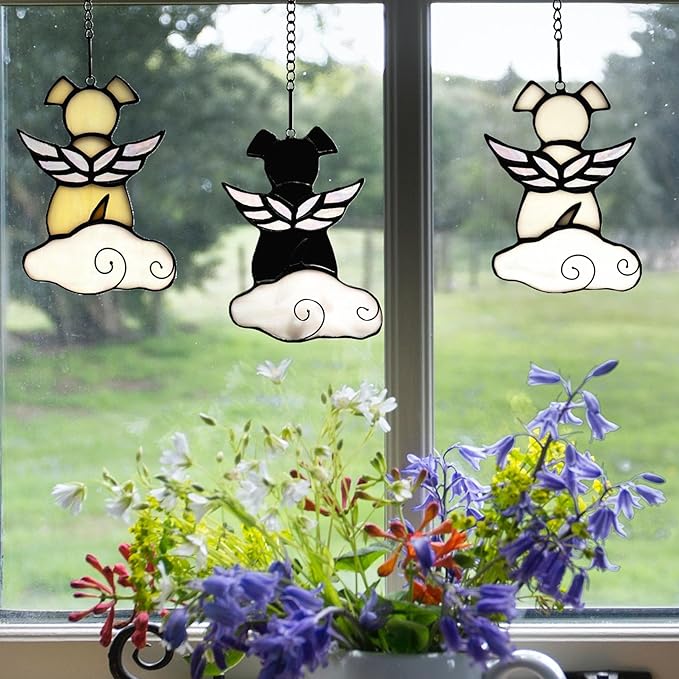 Stained Glass Angel Wings Dog Memorial Gifts for Loss of Dog Sympathy Gift Suncatcher, Rainbow Bridge Pet Passing Away Remembrance in Memory, Dog Bereavement Gifts for Loss of Pet,White