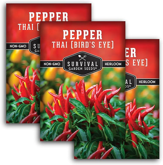 Survival Garden Seeds - Thai Pepper Seed for Planting - 3 Packets with Instructions to Plant & Grow Spicy Hot Bird's Eye Chili Peppers in Your Home Vegetable Garden - Non-GMO Heirloom Variety