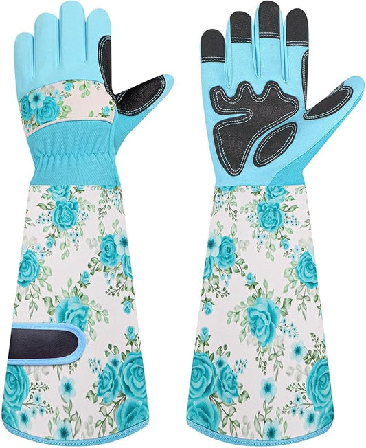 DLY Gardening Gloves for Women, Rose Gloves Gardening Thorn Proof, Long Garden Gloves for Women, Breathable & Durable Leather Gauntlet (Medium, Light Blue)