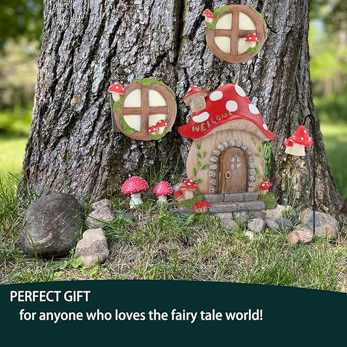 Miniature Fairy Garden Accessories Christmas Decorations Mushroom Fairy Door and Windows for Trees, Glow in The Dark Yard Garden Sculpture Lawn Ornament Outdoor Decor Accessories with Fairy Lantern