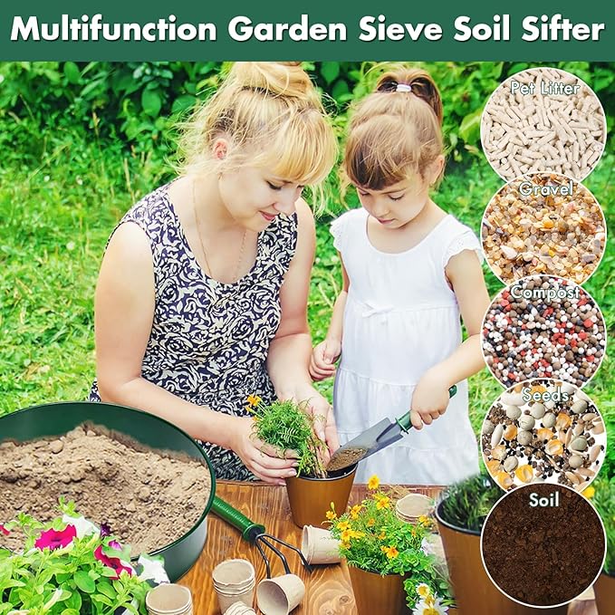 Soil Sifter, 11.8" Fine Mesh Stainless Steel Soil Sifter for Gardening, Compost Sifter with 4 Interchangeable Filter Mesh Sizes 3,6,9,12mm and Shovel, Soil Sieve for Sand Rocks Dirt Compost