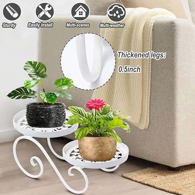 2 Tier White Plant Stand, Metal Flower Stand Indoor Outdoor, Anti-Rust Iron Plant Shelf, Round Flower Pot Stands for Multiple Plants, Display Rack Potted Plant Holders for Garden Home Decor