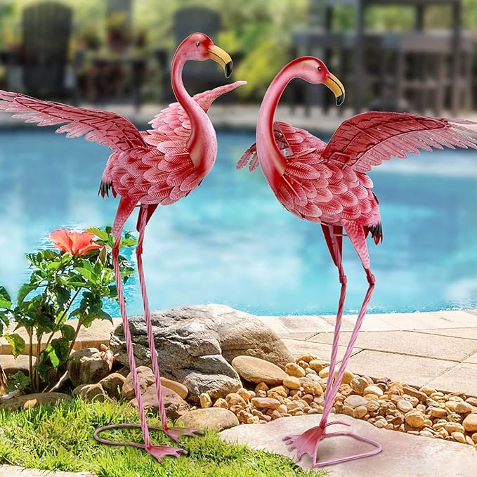Natelf Pink Flamingo Yard Decorations, Tall Birds Garden Statues and Sculptures, Metal Lawn Art Ornaments for Outdoor Patio Backyard, Set of 2