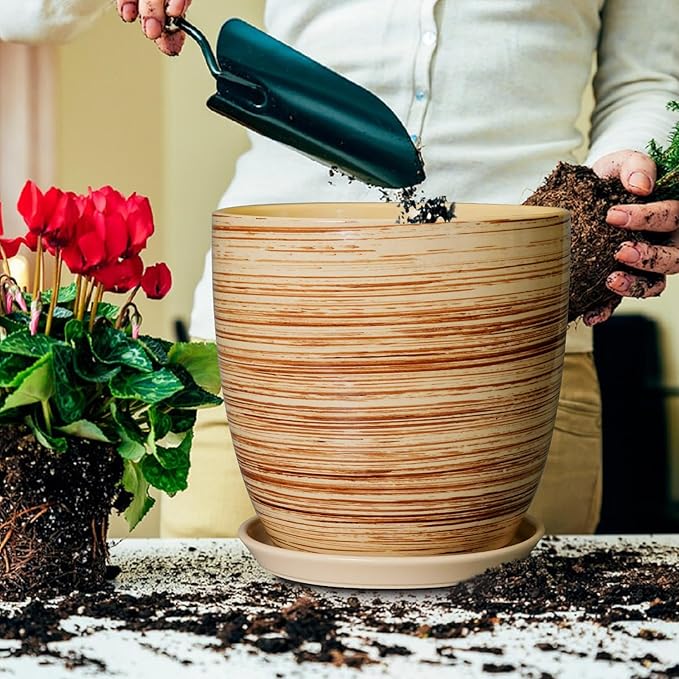 12 Inch Planter Pot Ceramic Plant Pots for Plants with Drainage Hole and Saucer Large Flower Pot for Home Patio Garden Office Yellow