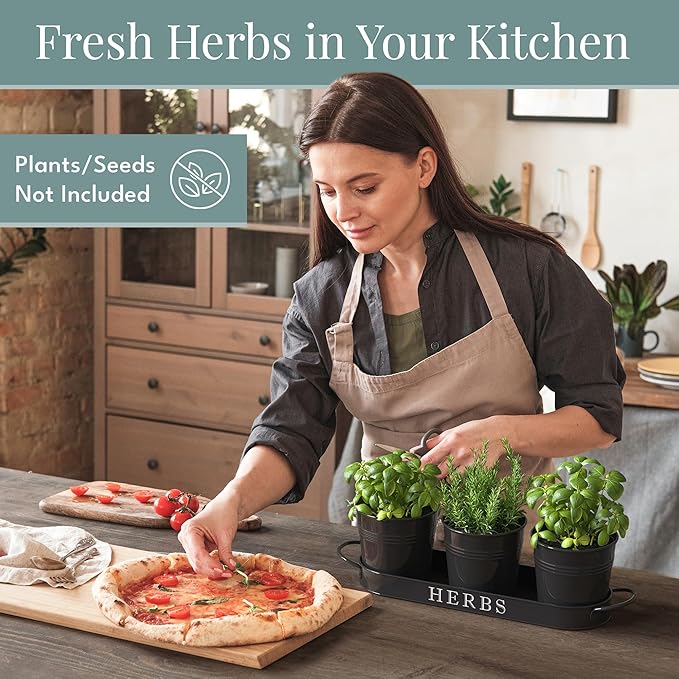 Barnyard Designs Indoor Herb Garden Planter Set with Tray, Metal Windowsill Plant Pots with Drainage for Outdoor or Indoor Plants, Set/3 (Black)