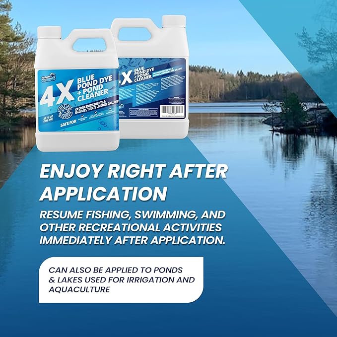 32oz 4X Blue Pond Dye + Pond Cleaner, Blue Dye for Ponds and Lakes, 2-in-1 Lake Colorant + Enzymes, Makes Murky Water Clean & Beautiful, Keeps The Water Cool, Clear, and Ideal for Fish & Wildlife