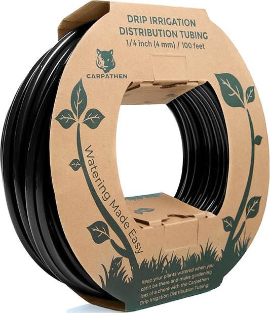 CARPATHEN 1/4 Drip Irrigation Tubing - 100 ft Black Drip Irrigation Hose Perfect for DIY Garden Irrigation System, Hydroponics, Misting Tubing, or as Blank Distribution Tubing for Any Garden Project
