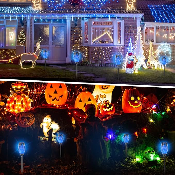 EOYIZW Solar Lights Outdoor, 8 Pack Blue Solar Torch Light with Flickering Flame, 12 LED Tiki Torches for Outside Lights Waterproof Landscape Decoration Outdoor for Garden Yard Patio