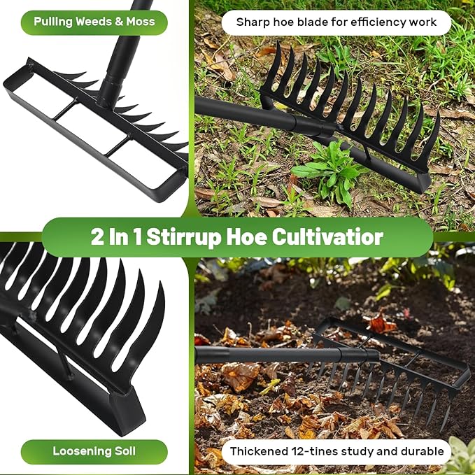 Stirrup Hula Garden Hoe with 12 Tines Rake, 2 in 1 Yard Weed Puller Gardening Weeding Tools, Garden Tiller Cultivator with 76" Adjustable Handle for Garden Weeding,Seeding,Ditching,Loosening Soil