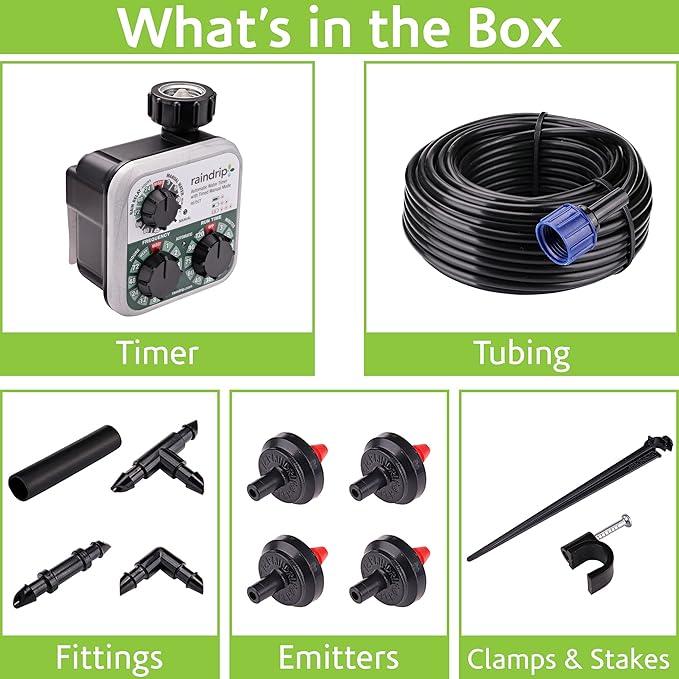 Raindrip R560DP Automatic Drip Irrigation Watering Kit with Customizable Timer for Containers and Hanging Baskets, Waters up to 20 Plants, Includes 20 PC Drippers, Black