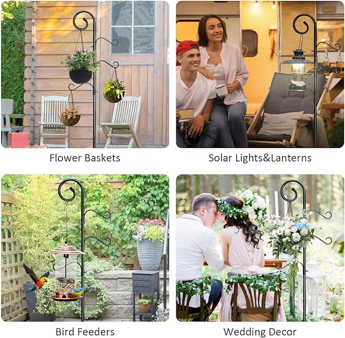 108 Inch Shepherds Hooks for Outdoor 2 Pack, Bird Feeder Poles with 4 Hooks, Shepherds Hook for Bird Feeders Outside with Base, Garden Pole for Hanging Plant Baskets, Weddings Decor (108 Inch)