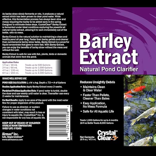 CrystalClear Barley Extract Water Garden & Fountain Clarifier, Natural Liquid Concentrate to Treat Cloudy Ponds, Koi Fish, Plant & Pet Safe, 1 Gallon