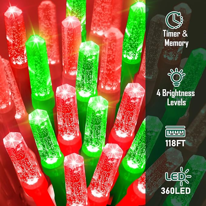 Heceltt 360 LED 118 FT String Lights Outdoor, 8 Modes Christmas Lights Plug in, IP44 Waterproof Led String Lights with Timer and Memory for Xmas Yard Garden Decorations (Red and Green)