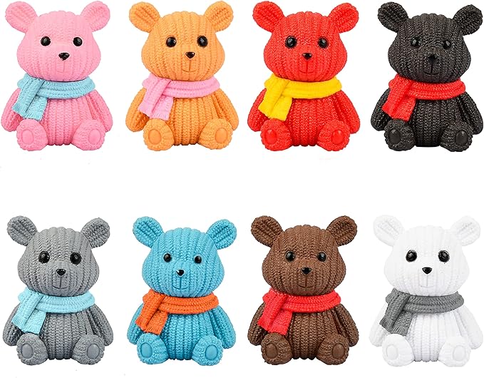 8Pcs Mini Resin Teddy Bear Figurines Cute Scarf Bears Desktop Ornaments Car Interior Decoration Garden FigurinesTiny Bear Statues Animals Sculpture Micro Landscape