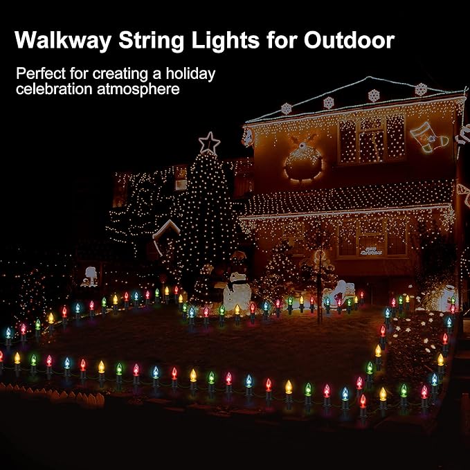 Christmas Pathway Lights Outdoor - 24.2ft Multicolor Walkway With Stakes, C9 Driveway for Outside Yard Garden, Extendable Xmas Holiday Decorations, 20 Lights