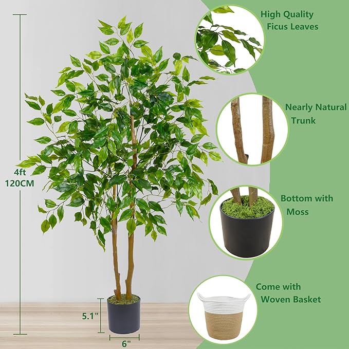Artificial Ficus Tree, 4ft Tall Fake Ficus Tree with Basket, Faux Plant for Indoor Outdoor Home Livingroom Office Garden Porch Décor