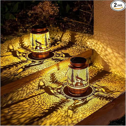 2 Pack Wolf Solar Lanterns Outdoor Waterproof Hanging Lights for Garden Decor, Yard, Patio, Lawn, Tabletop, Pathway, Landscape - Metal Decorative LED Lanterns, Gifts for Women Men