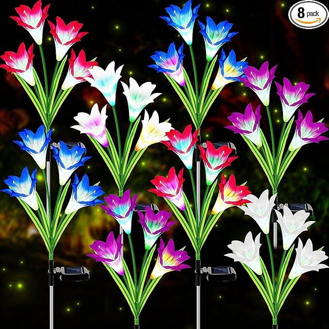 Retisee 8 Pcs Solar Lights Outdoor Solar Flower Lights with 32 Lily Flowers Waterproof Color Changing Outdoor Lights Solar Powered Lily Flower Lights for Patio Yard Garden Decoration