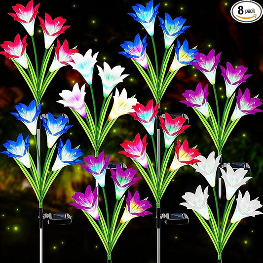 Retisee 8 Pcs Solar Lights Outdoor Solar Flower Lights with 32 Lily Flowers Waterproof Color Changing Outdoor Lights Solar Powered Lily Flower Lights for Patio Yard Garden Decoration